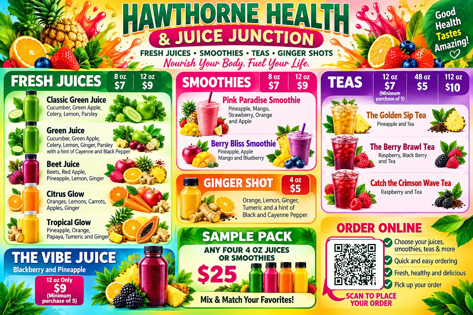 Juice Junction colorful beverage menu